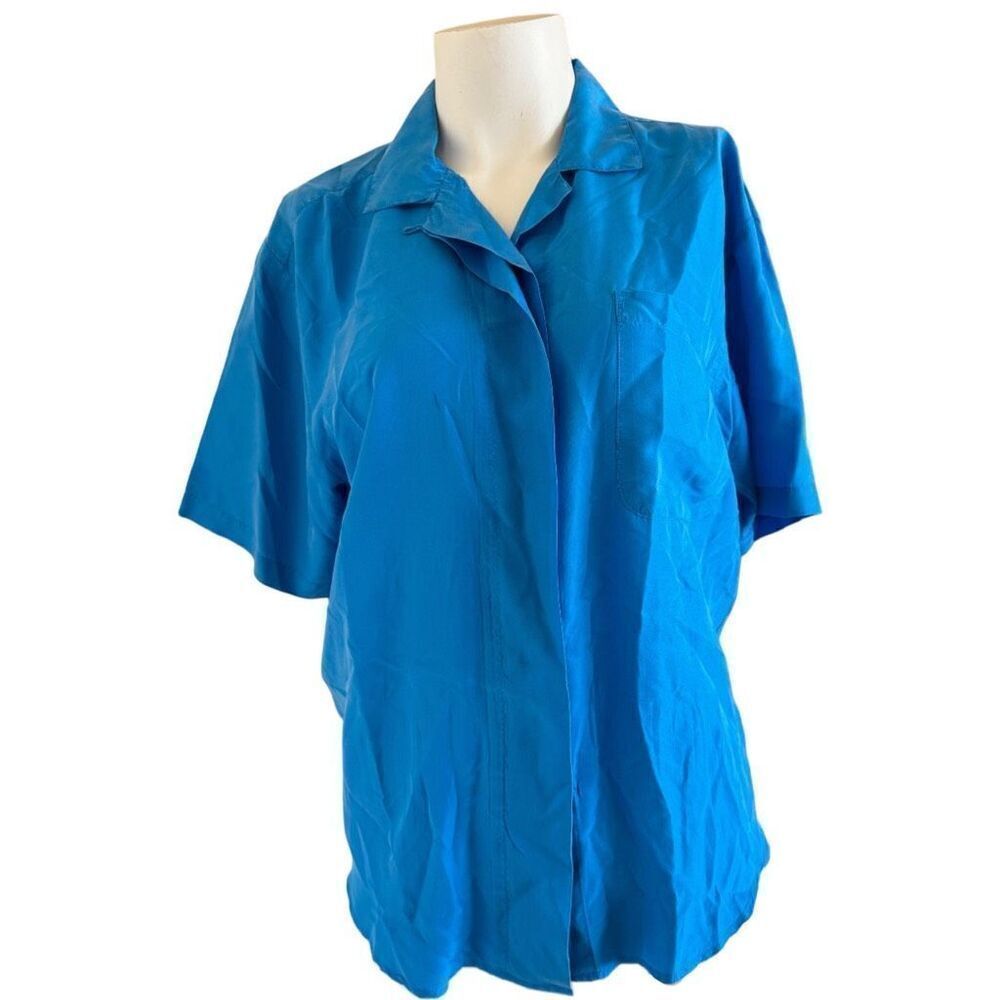 Gitano women’s M vintage 90s button up blouse 100% silk royal blue short sleeve